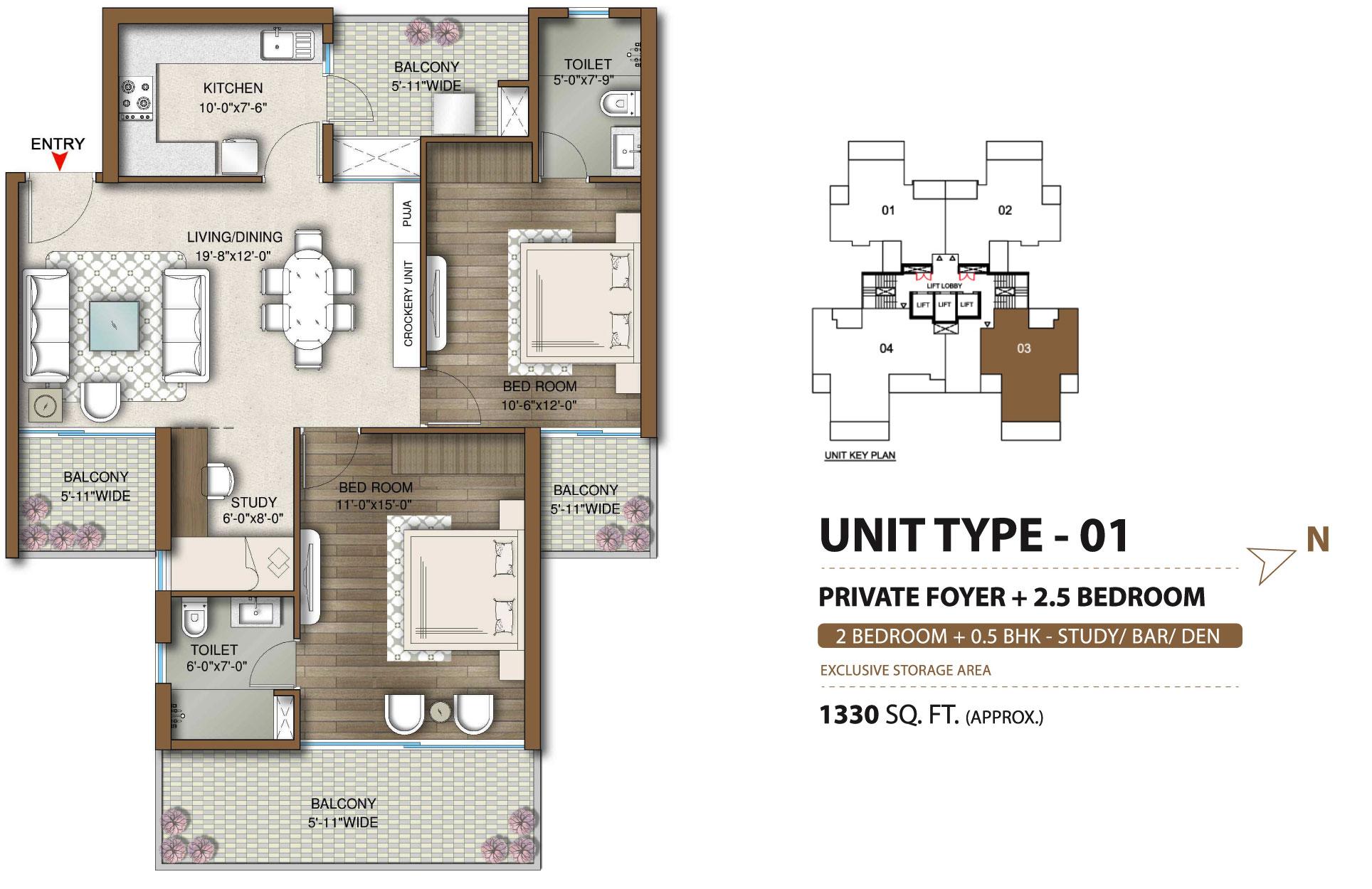 Private Foyer + 2.5 BHK + 0.5- Study/Bar/Den