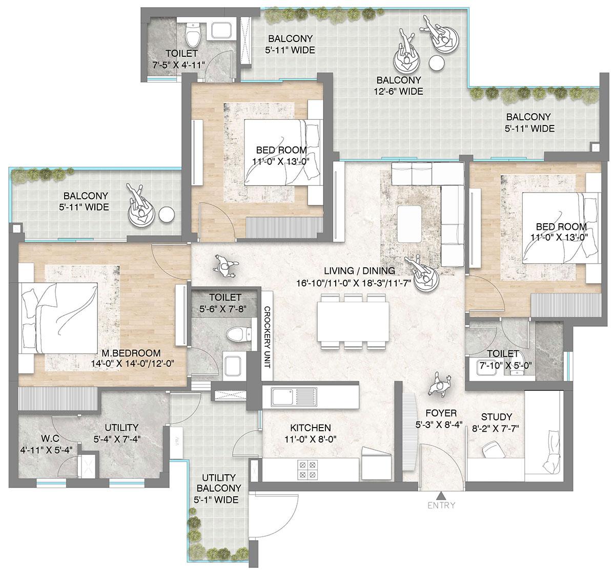 3 BHK + Study + Utility