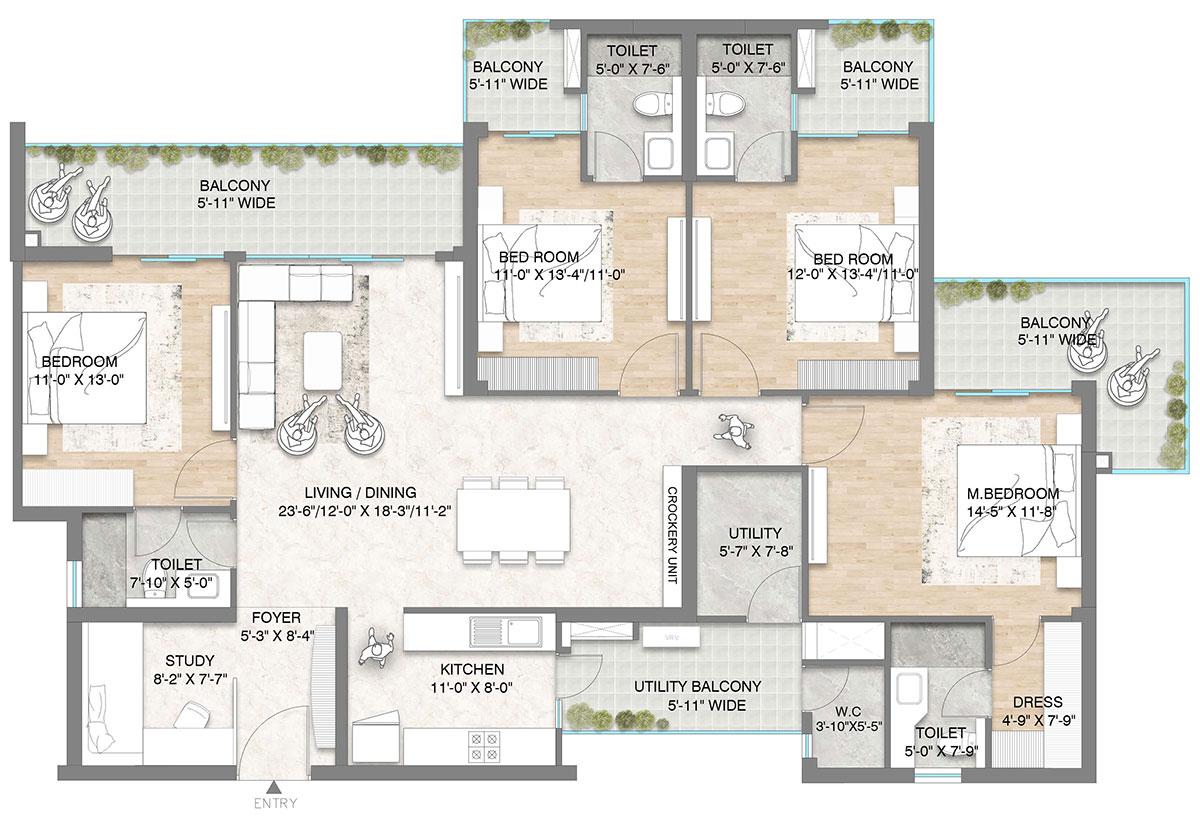 4 BHK + Study + Utility