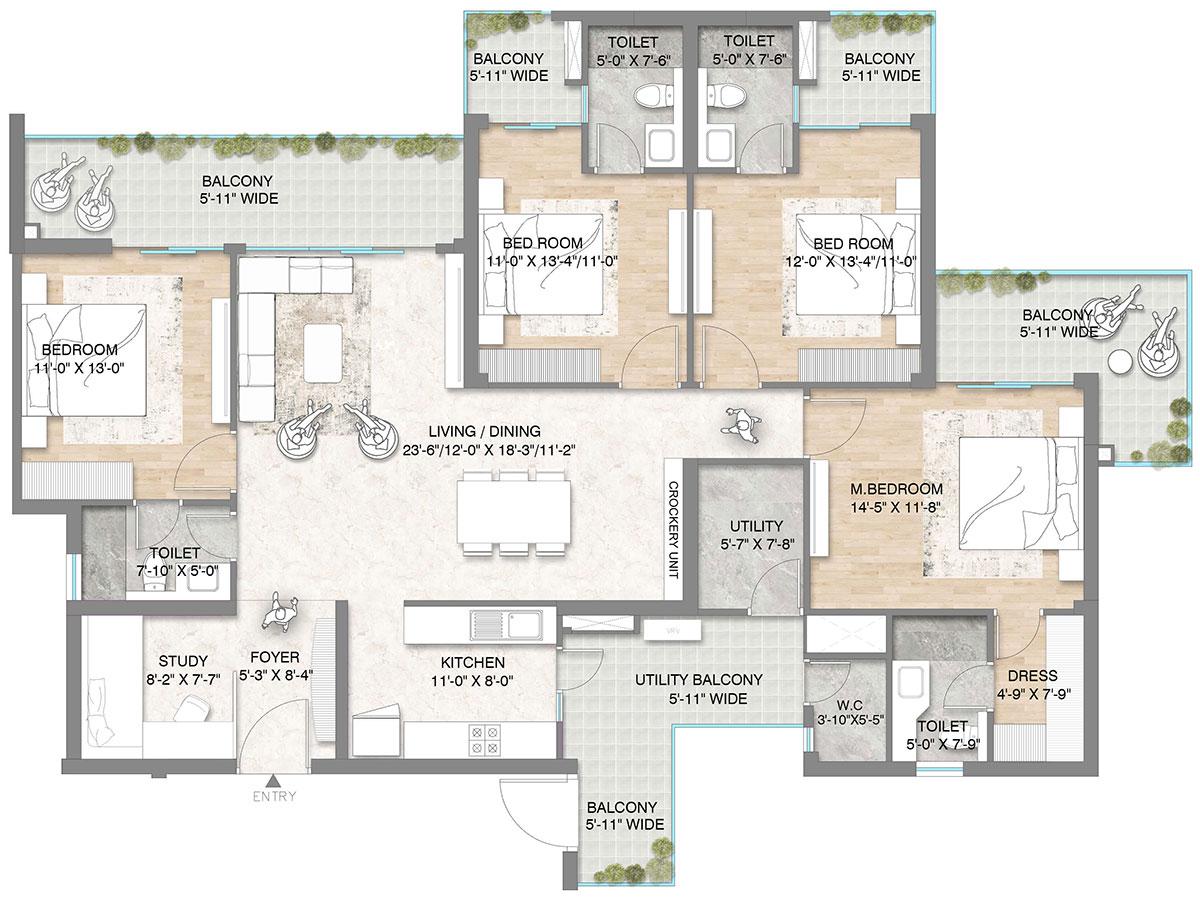 4 BHK + Study + Utility