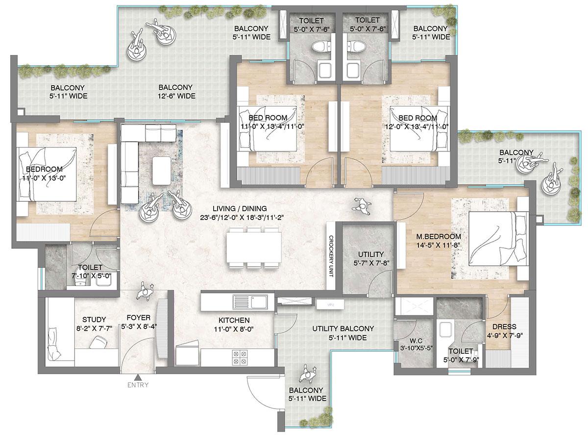 4 BHK + Study + Utility