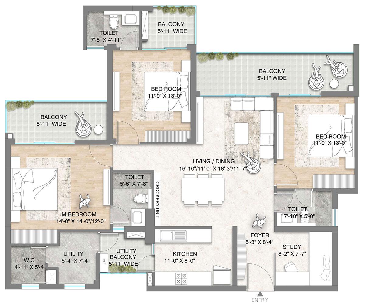 3 BHK + Study + Utility