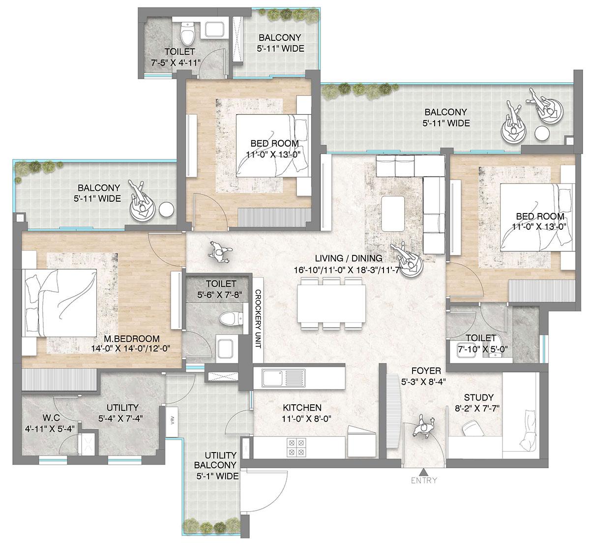 3 BHK + Study + Utility