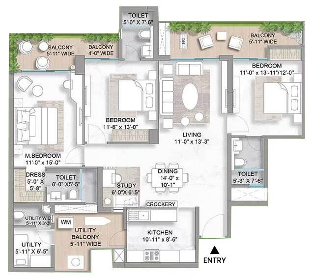 Unit Plan - 3.5 BHK + Servant