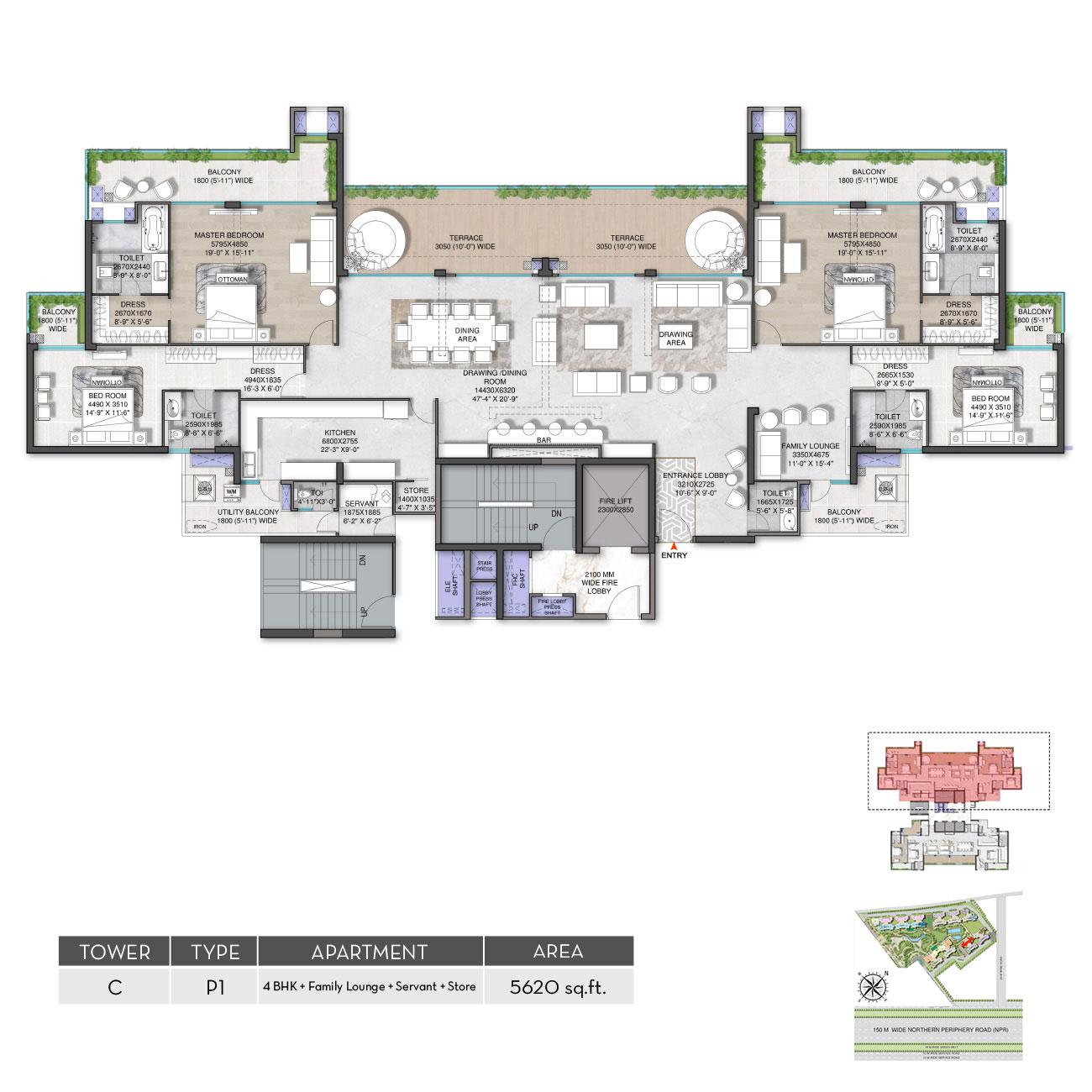 Pent House 4 BHK + Family Launge + Servant + Store