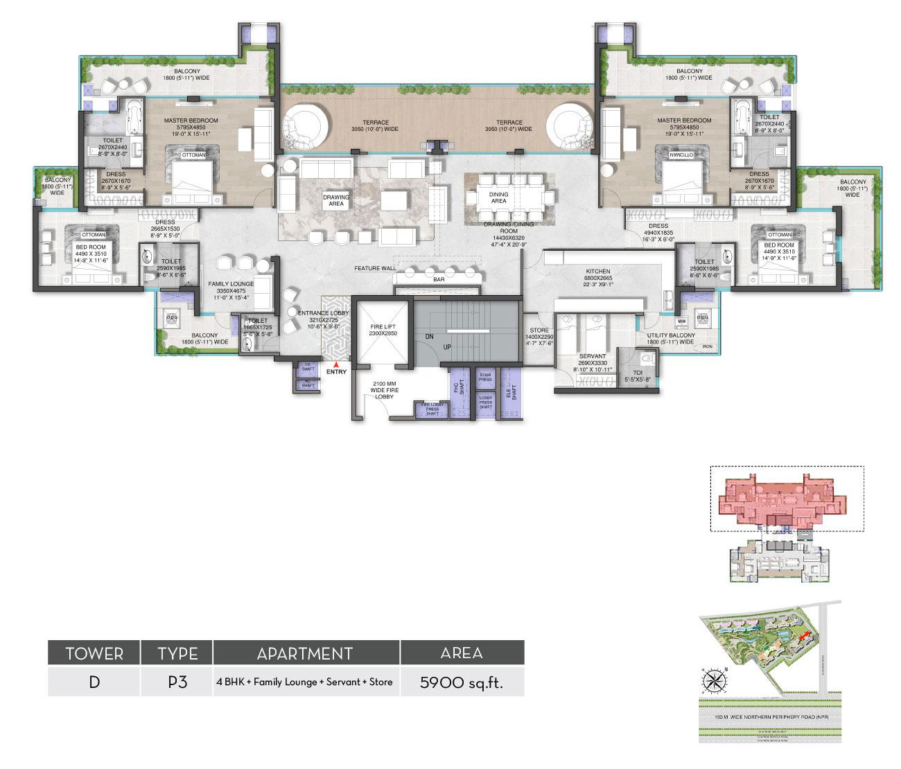 Pent House 4 BHK + Family Launge + Servant + Store