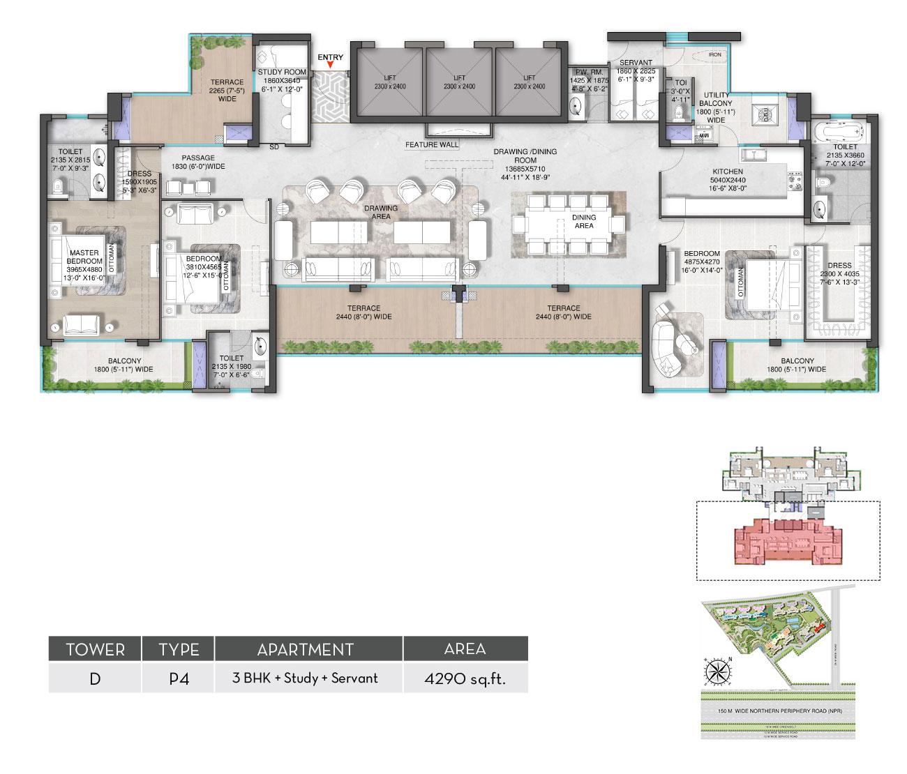 Pent House  4 BHK + Family Launge + Servant + Store