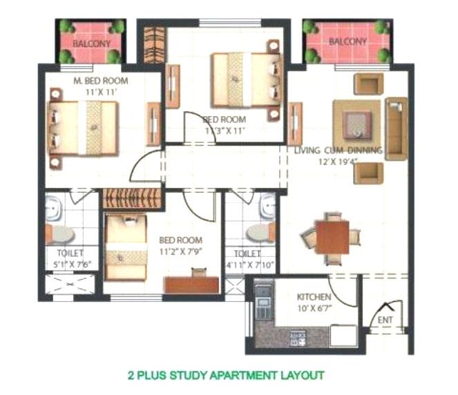 2 BHK + Study