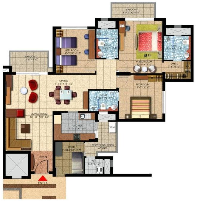 3 BHK + SQ