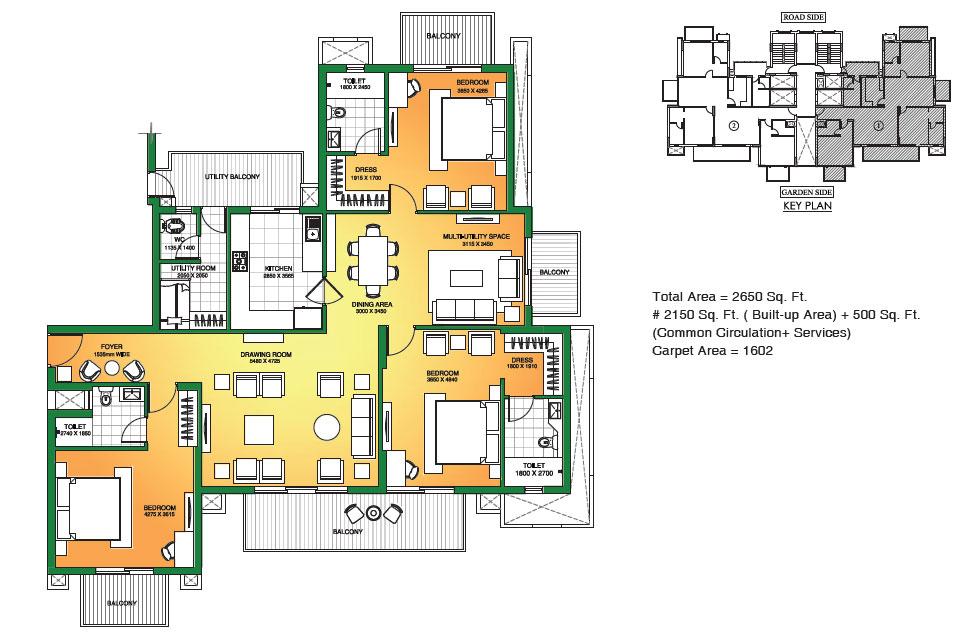 3 BHK + Lounge + Utility