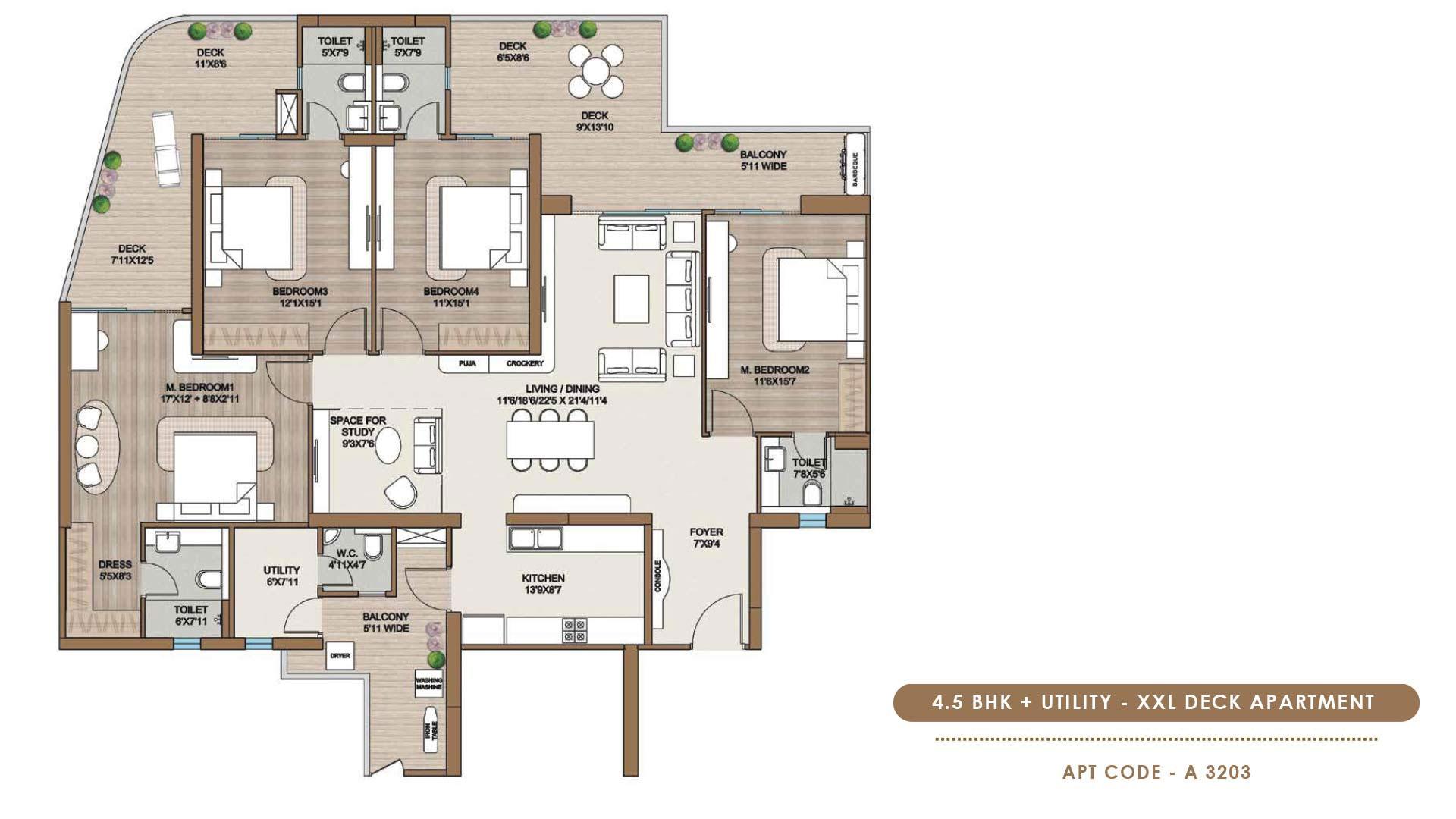 4.5 BHK + Utility - XXL Deck Apartment