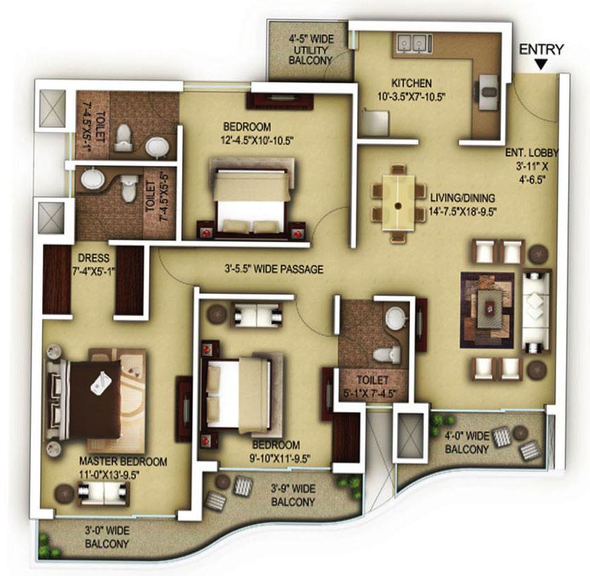 3 Bhk Typical Unit Plan