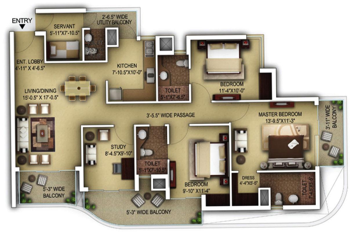 3 BHK + Servant Typical Unit Plan