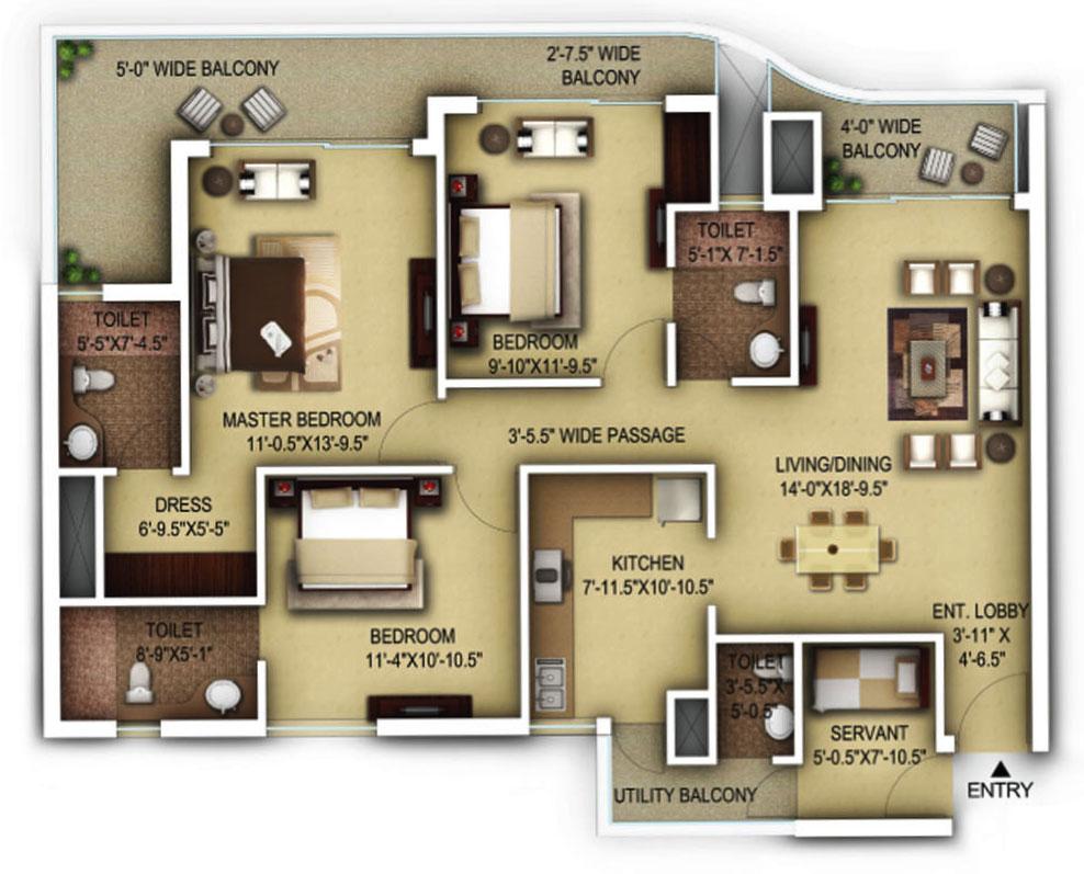 3 BHK + Servant Typical Unit Plan