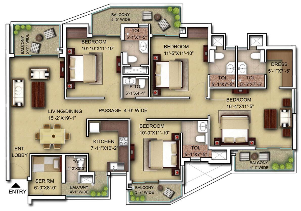 4 BHK + Servant Typical Unit Plan