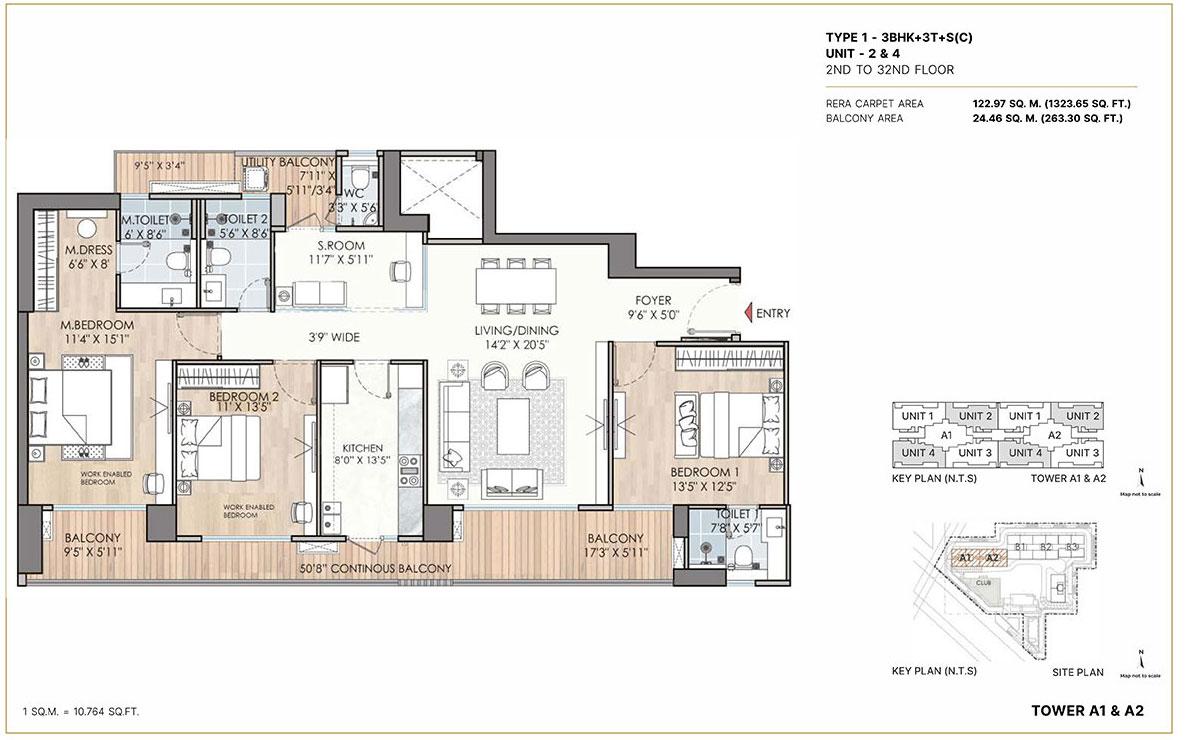 Type 1 - BHK + 3T +S(C), Unit 2&4 2nd to 32nd Floor