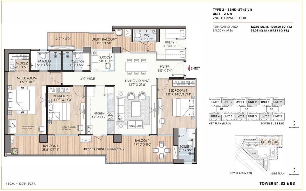 Type 2 - BHK + 3T +S(L1), Unit 2&4. 2nd to 32nd Floor