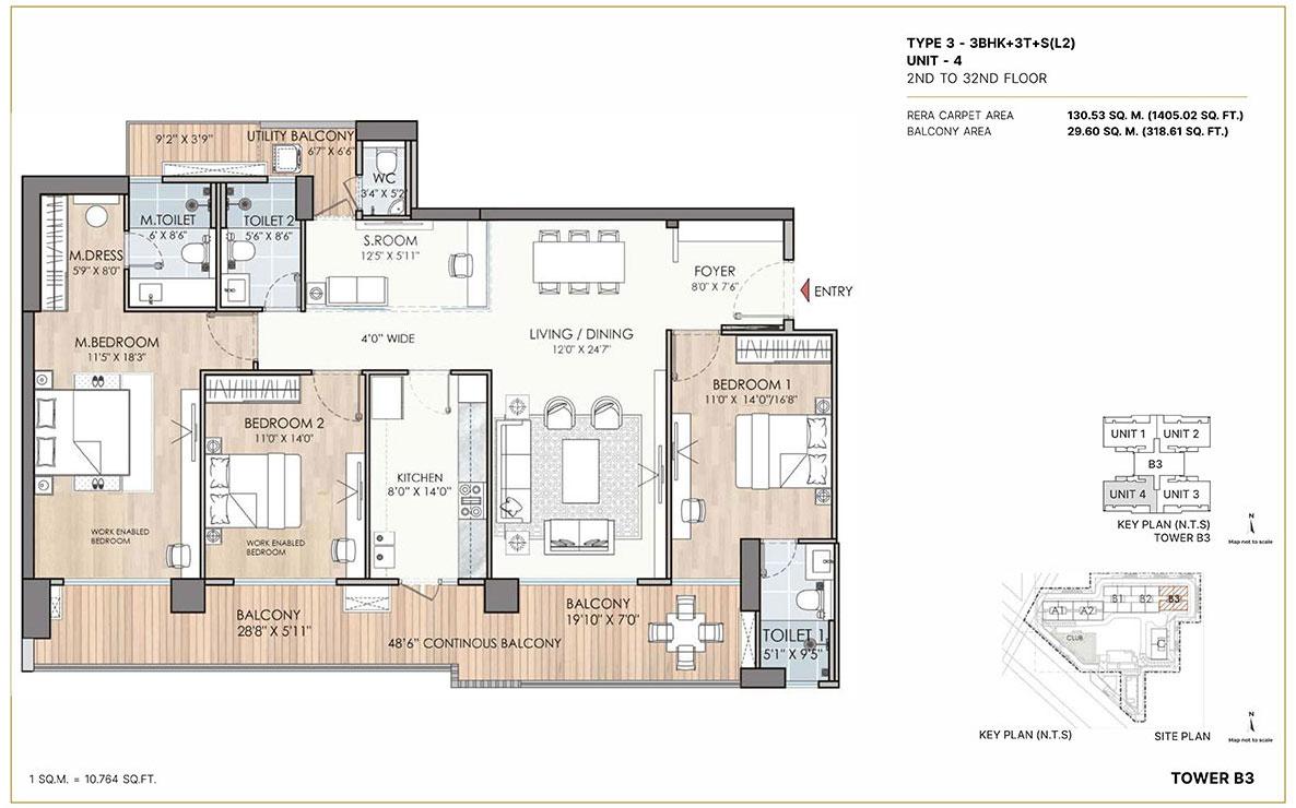 Type 3 - BHK + 3T +S(L2), Unit 4. 2nd to 32nd Floor