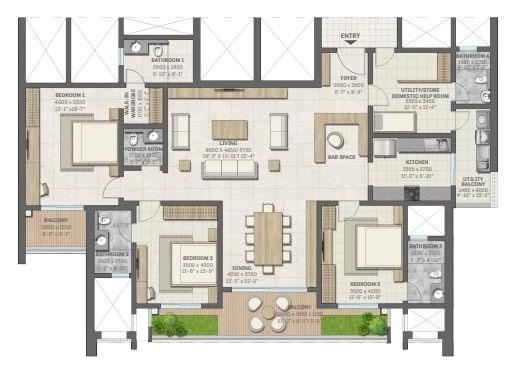 3 BHK + Utility Store / Domestic Help Room