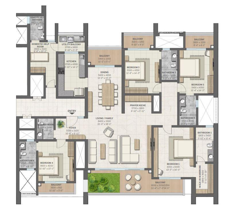 4 BHK + Domestic Help Room