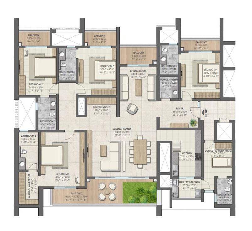 4 BHK + Domestic Help Room