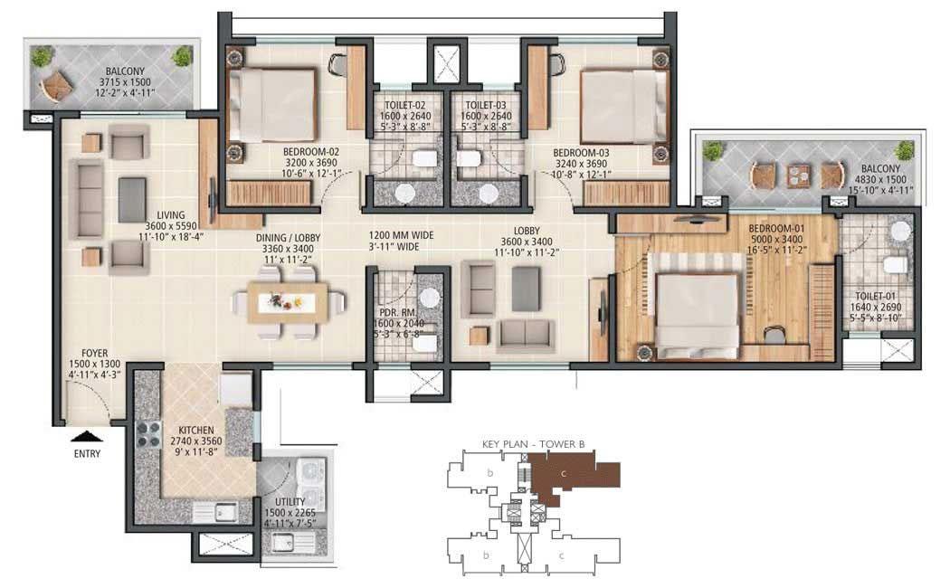 3BHK + Lounge + Utility Space