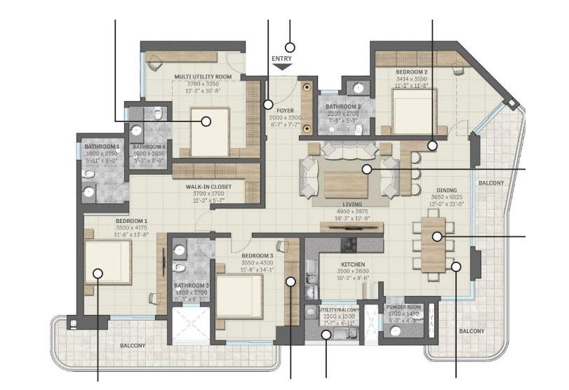 3 BHK + Utility Space