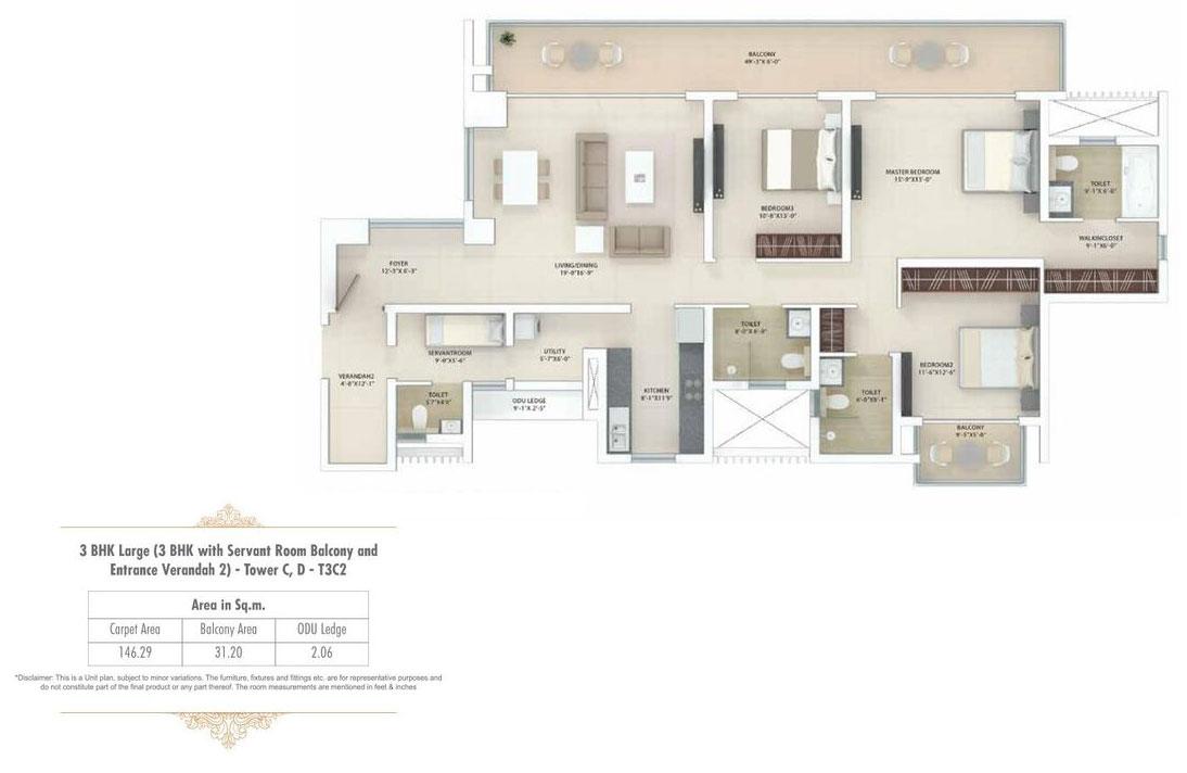 3BHK + Servant + Double Height Deck Balcony