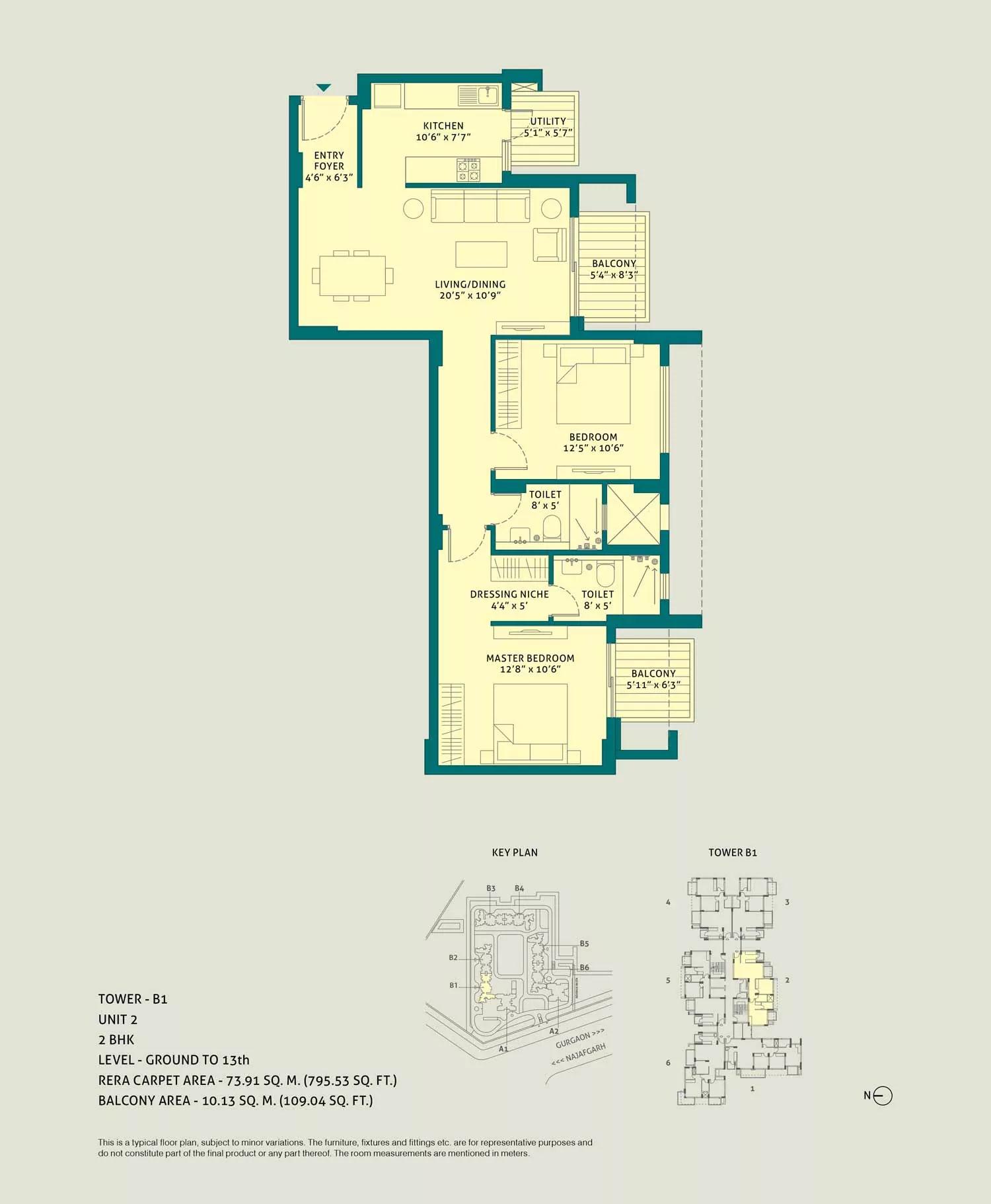 2 BHK, Unit - 2, Tower - B4, Level Ground to 13th