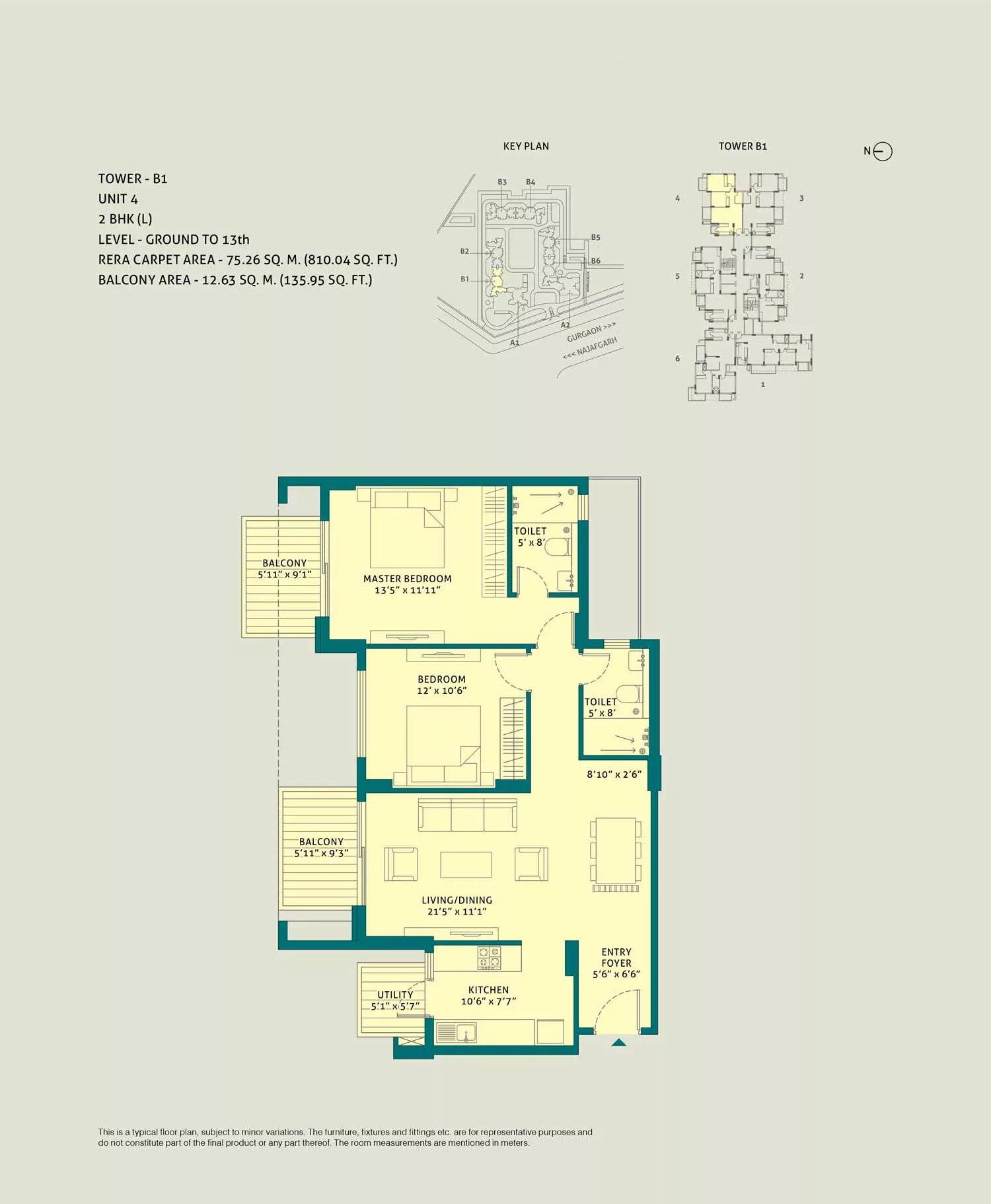 2 BHK L, Unit - 4, Tower - B1, Level Ground to 13th