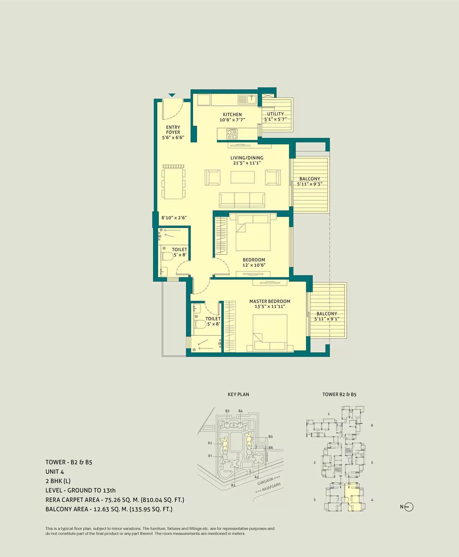 2 BHK L, Unit - 4, Tower - B2 & B5, Level Ground to 13th