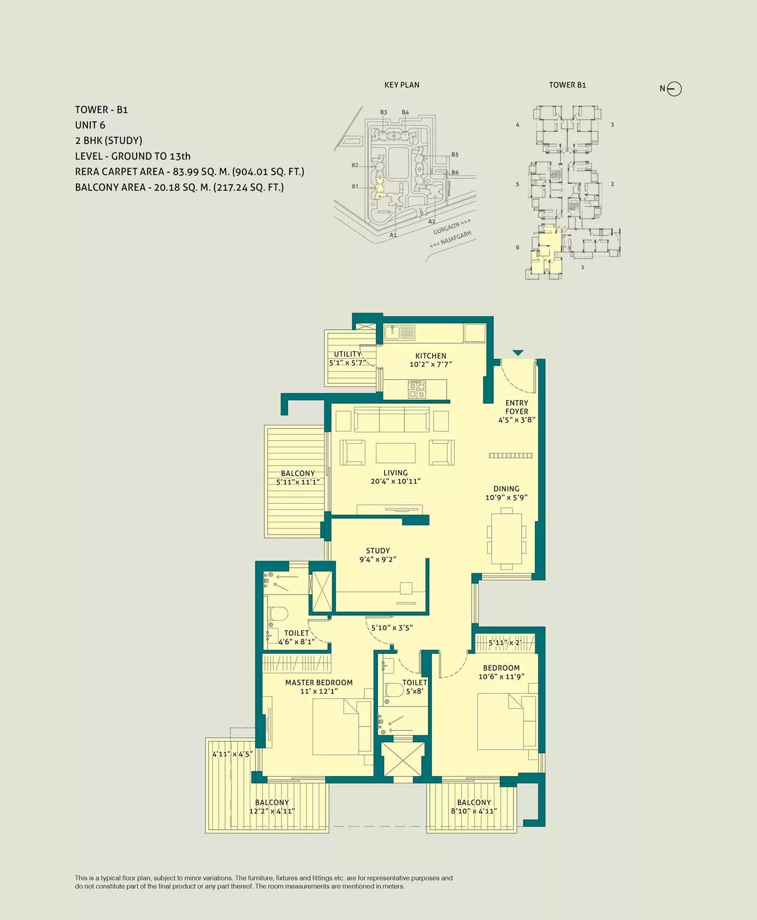2 BHK + Study, Unit - 6, Tower - B1, Level Ground to 13th