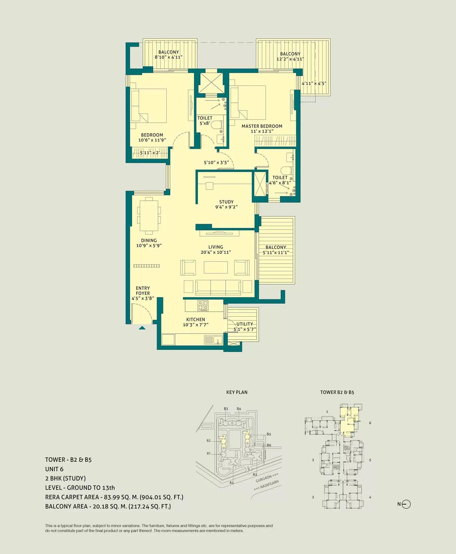 2 BHK + Study, Unit - 6, Tower - B2 & B5, Level Ground to 13th