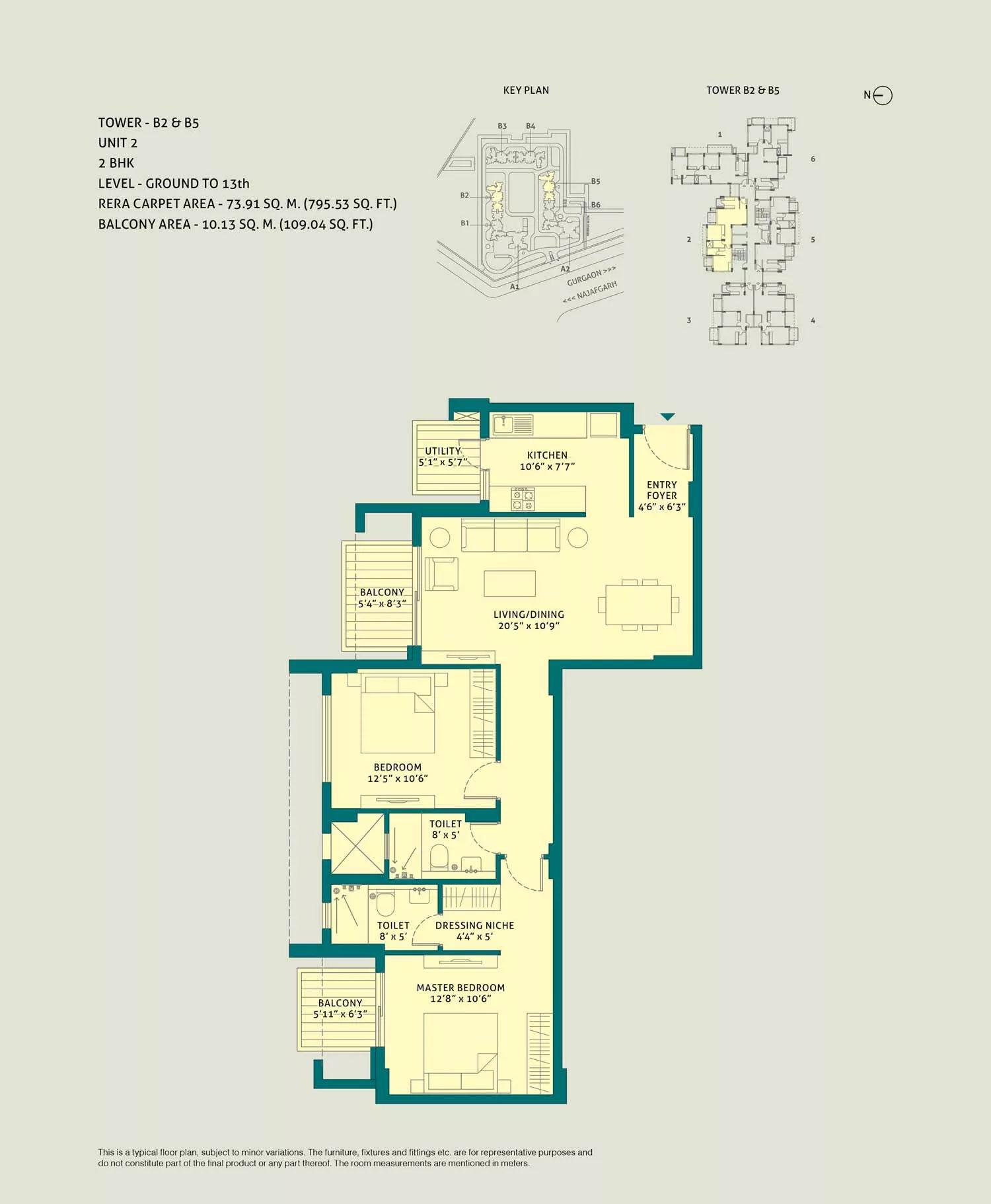 2 BHK, Unit - 2, Tower - B2 & B5, Level Ground to 13th