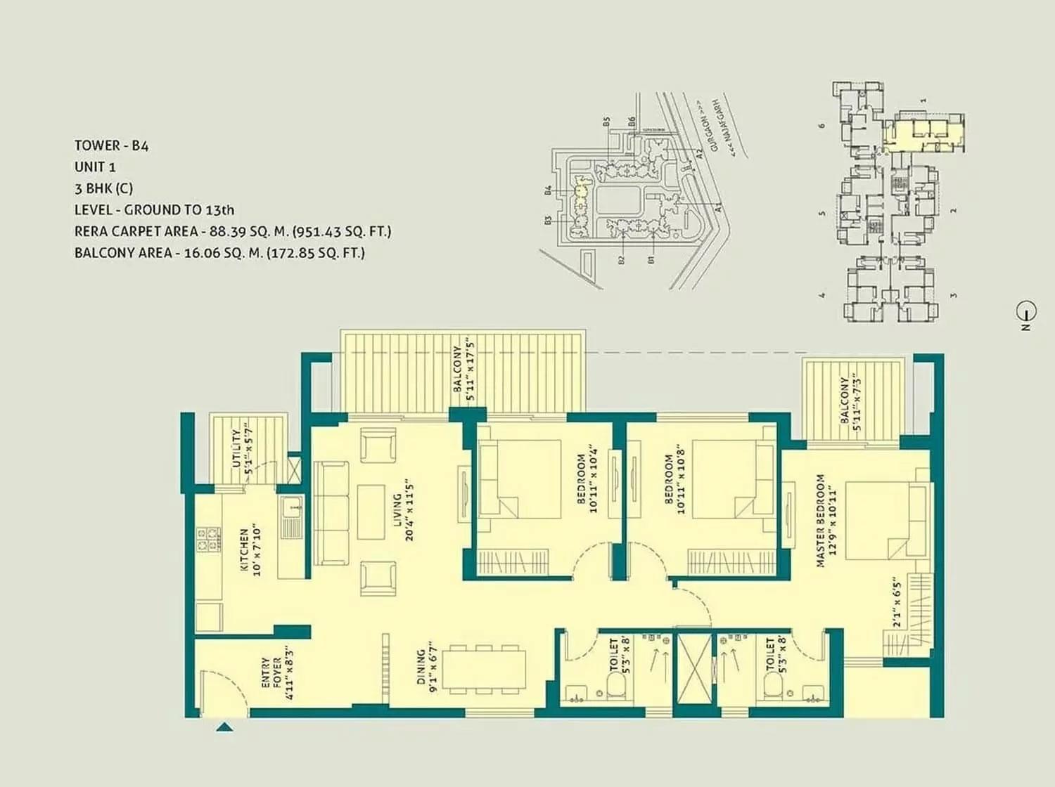 3 BHK C, Unit - 1, Tower - B4, Level Ground to 13th