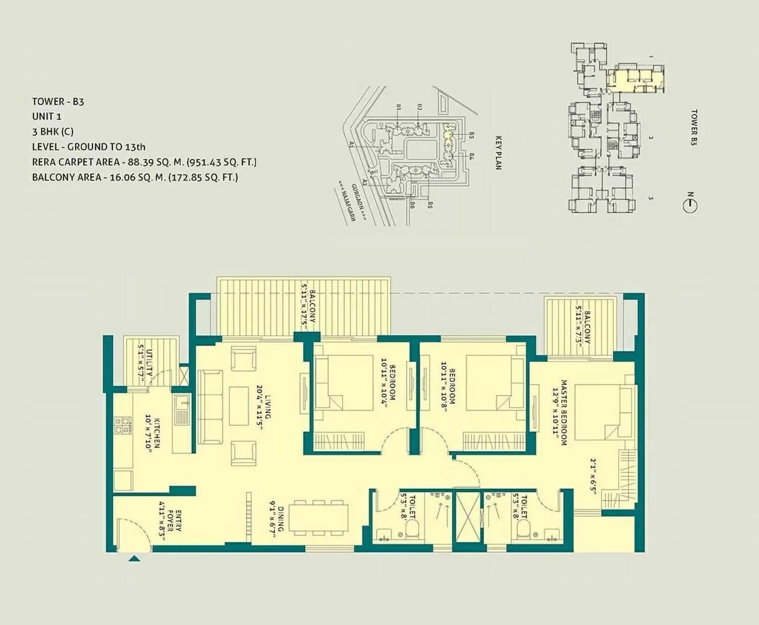 3 BHK C, Unit - 1, Tower - B3, Level Ground to 13th