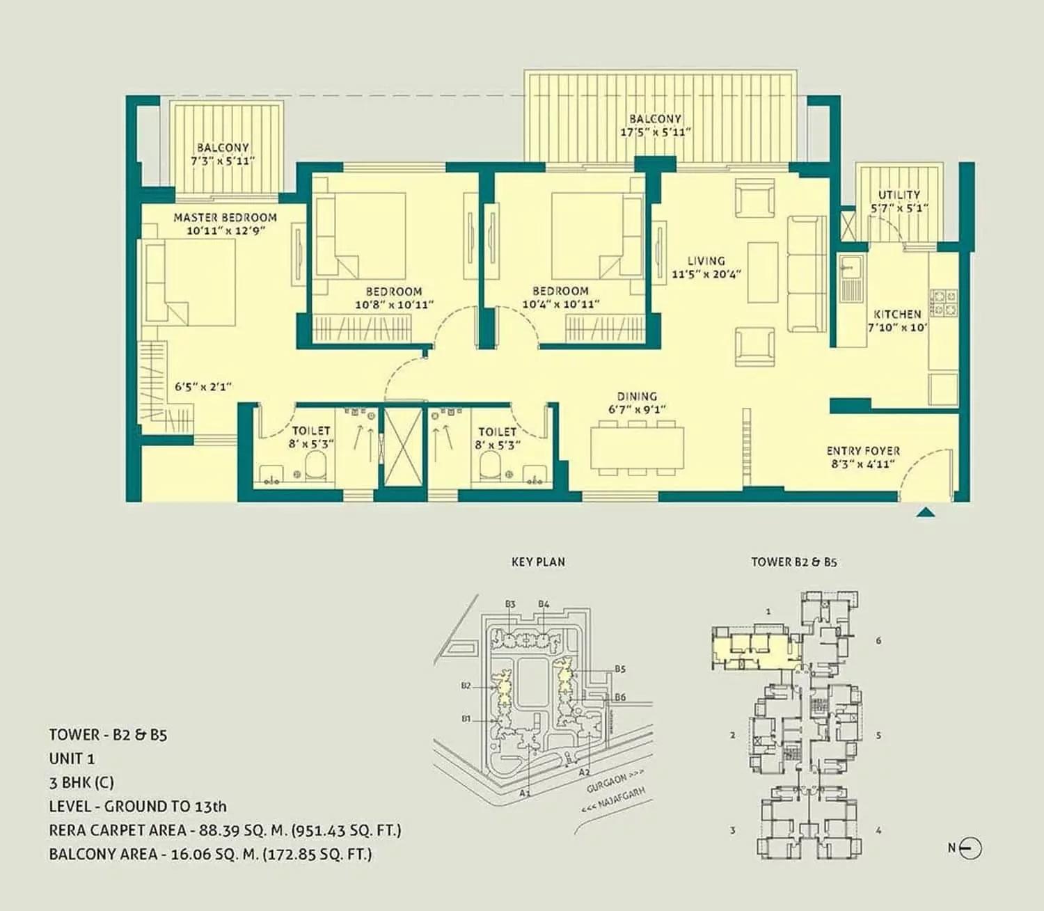 3 BHK C, Unit - 1, Tower - B2 & B5, Level Ground to 13th