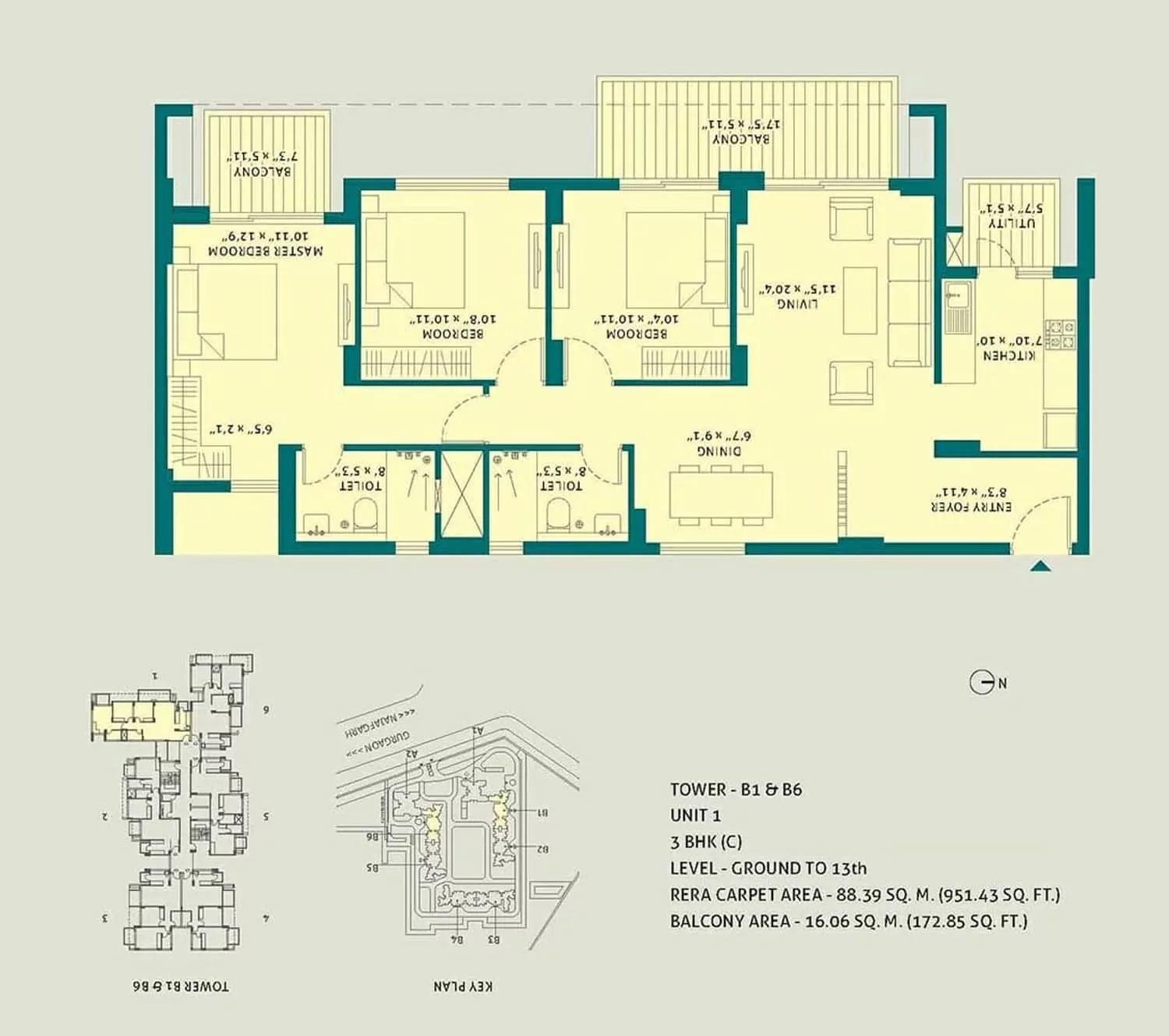 3 BHK C, Unit - 1, Tower - B1 & B6, Level Ground to 13th
