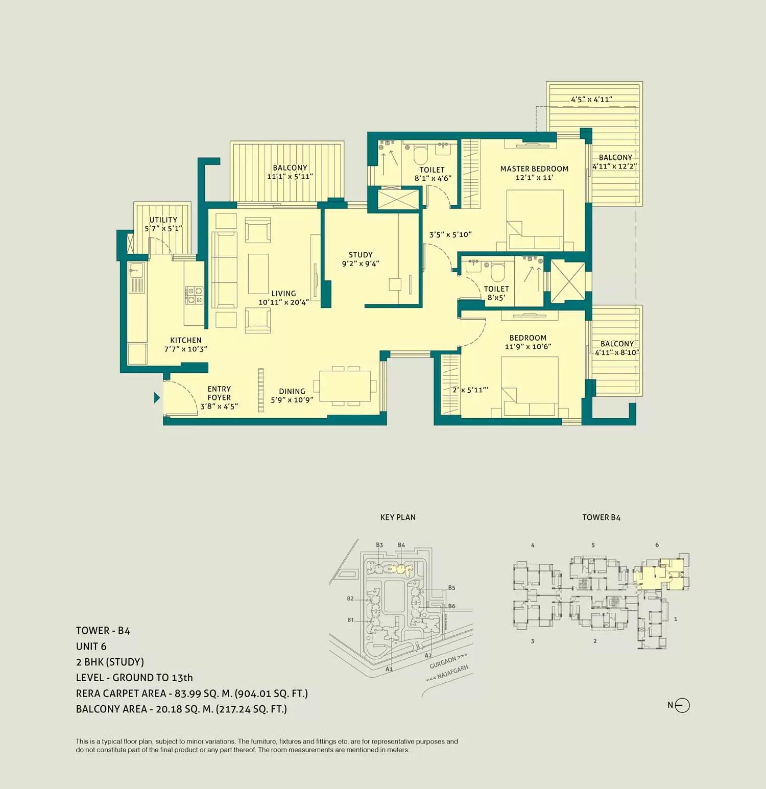 2 BHK + Study, Unit - 6, Tower - B4, Level Ground to 13th