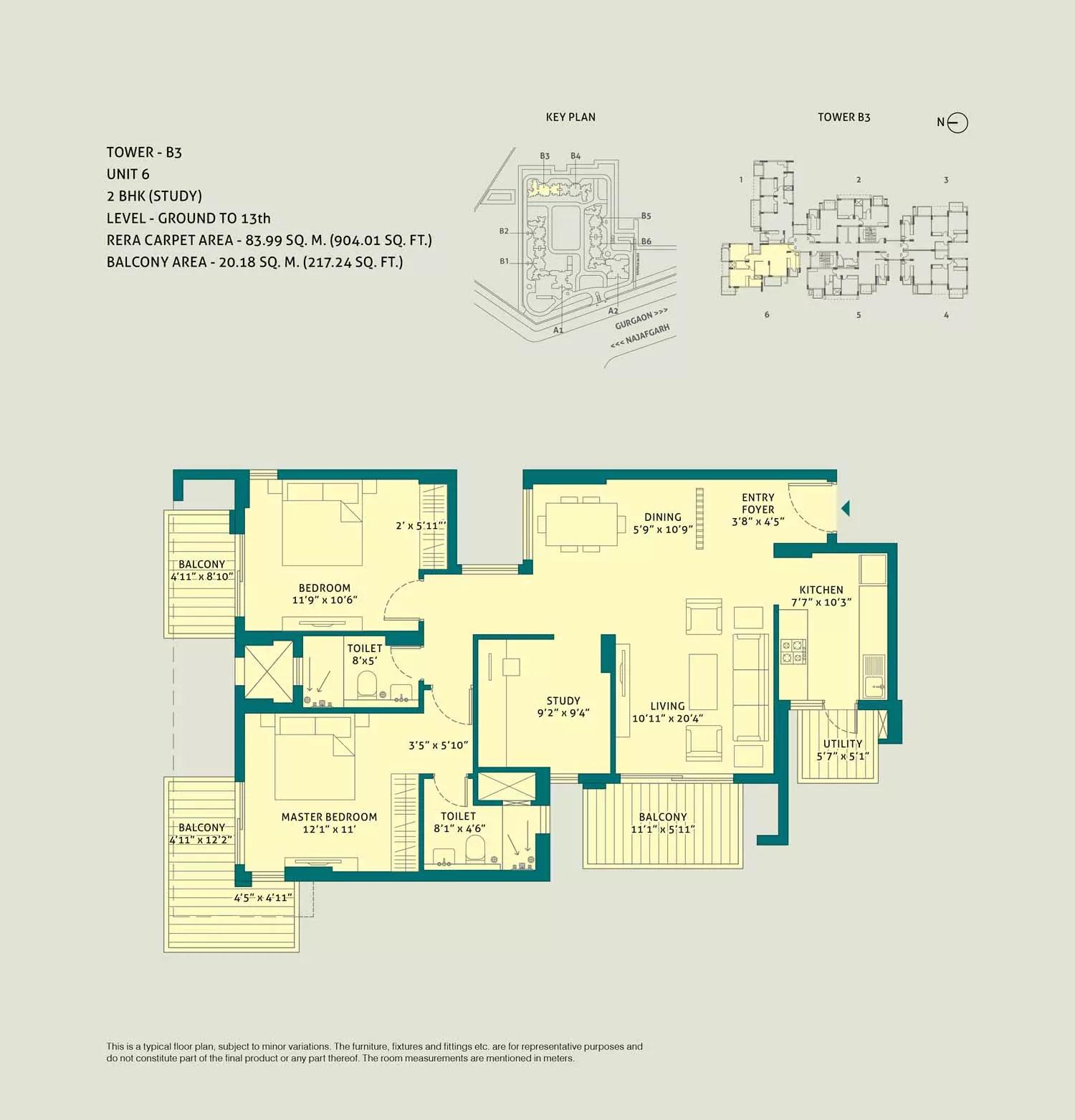 2 BHK + Study, Unit - 6, Tower - B3, Level Ground to 13th