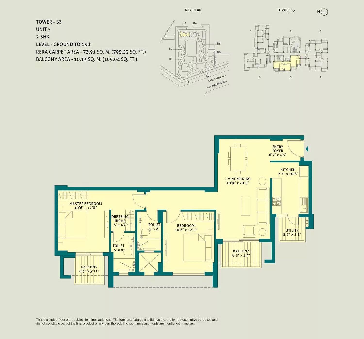 2 BHK, Unit - 5, Tower - B3, Level Ground to 13th