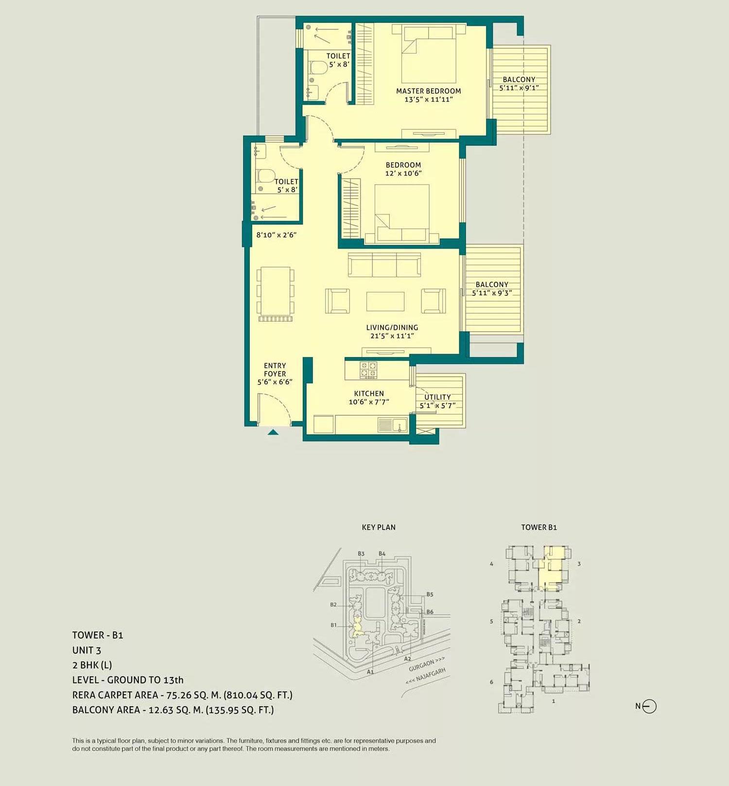 2 BHK L, Unit - 3, Tower - B1, Level Ground to 13th