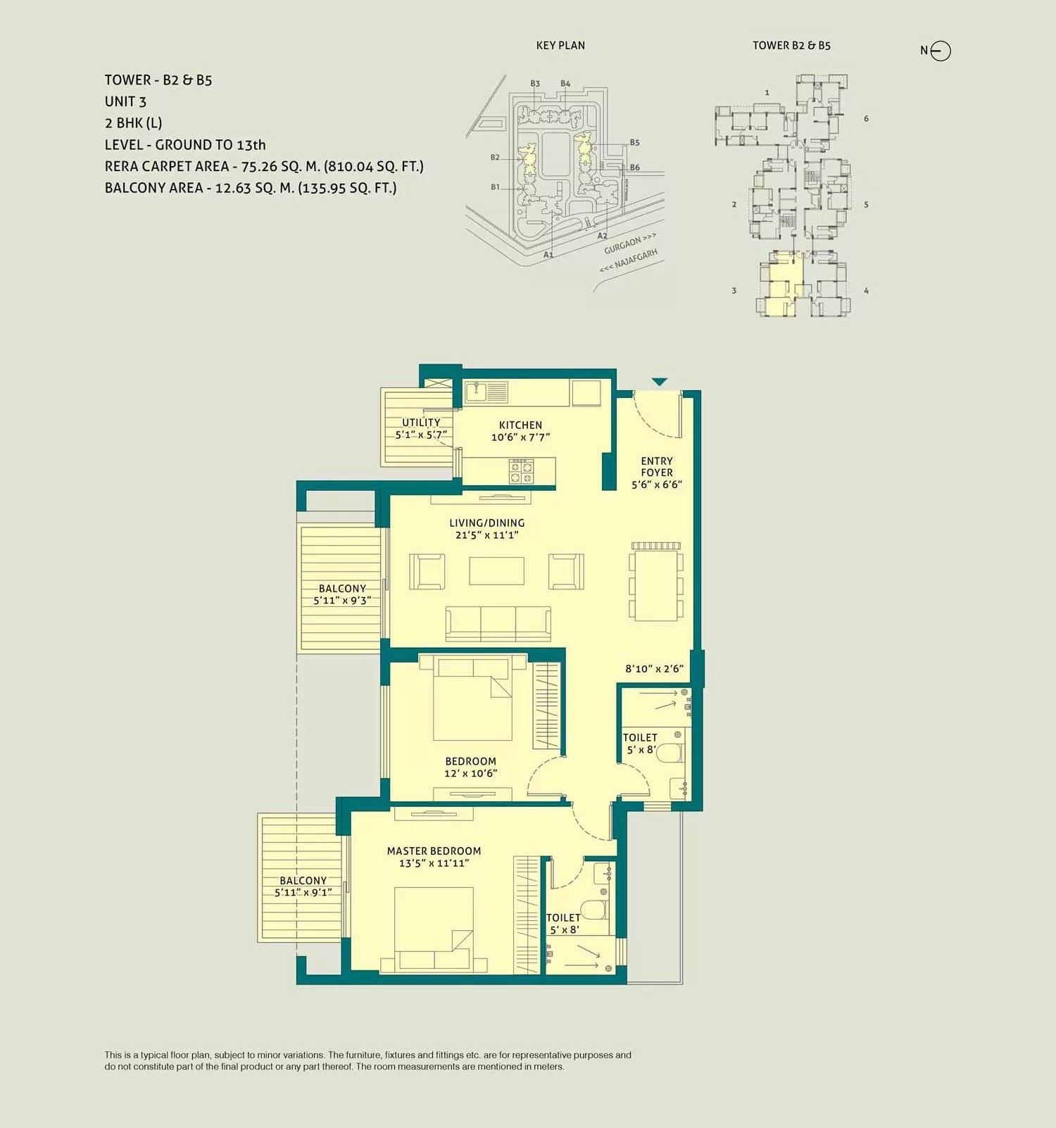 2 BHK L, Unit - 3, Tower - B2 & B5, Level Ground to 13th
