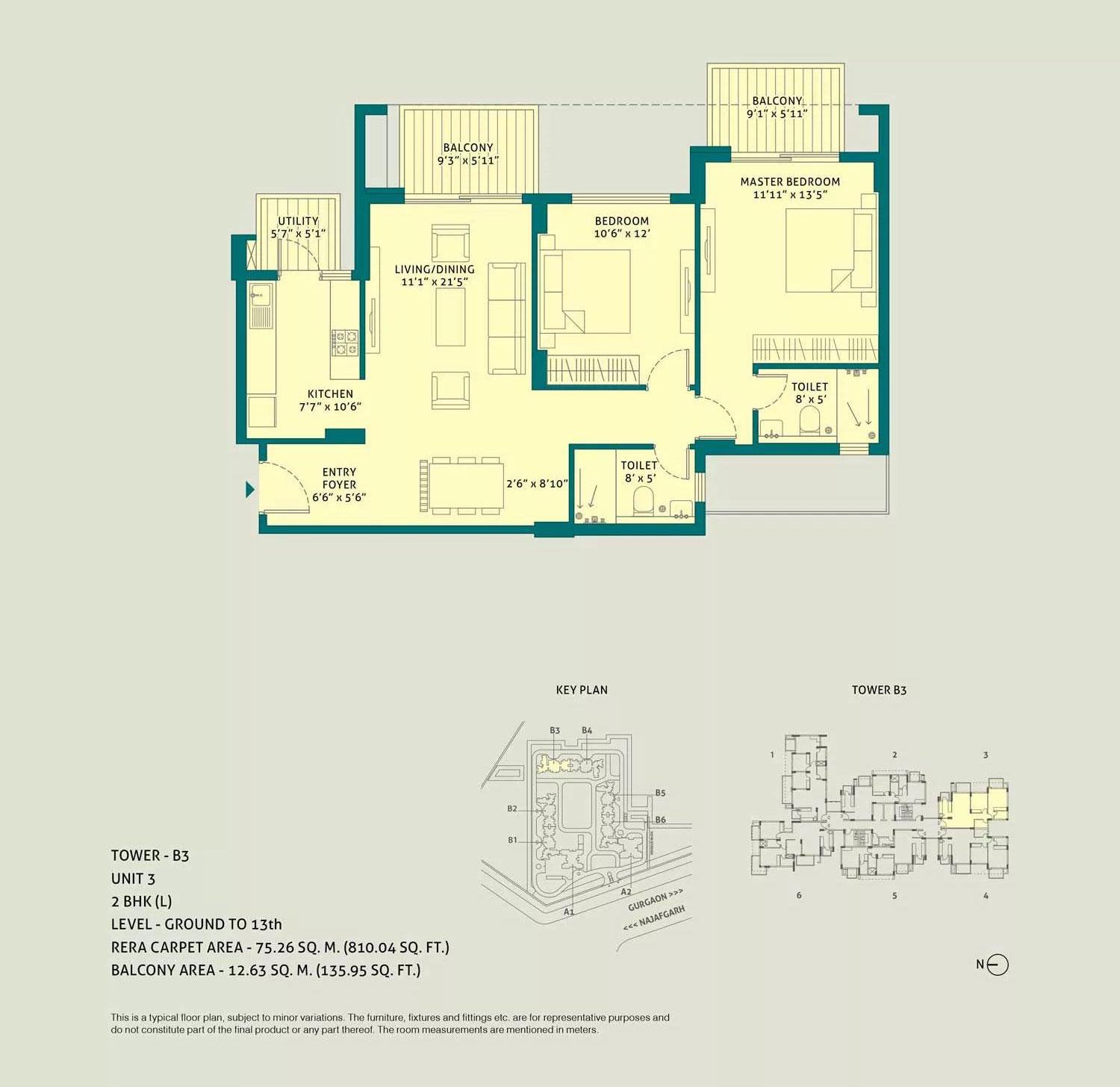 2 BHK L, Unit - 3, Tower - B3, Level Ground to 13th