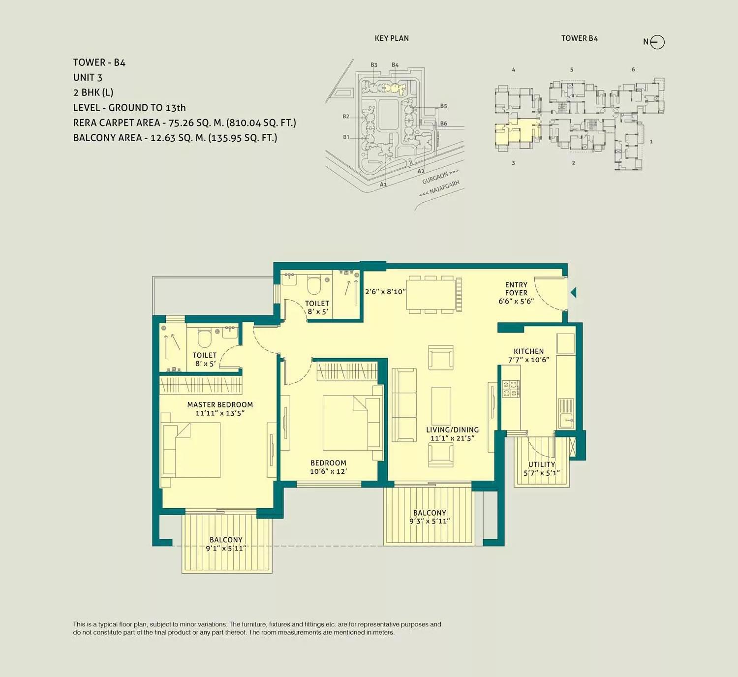 2 BHK L, Unit - 3, Tower - B4, Level Ground to 13th