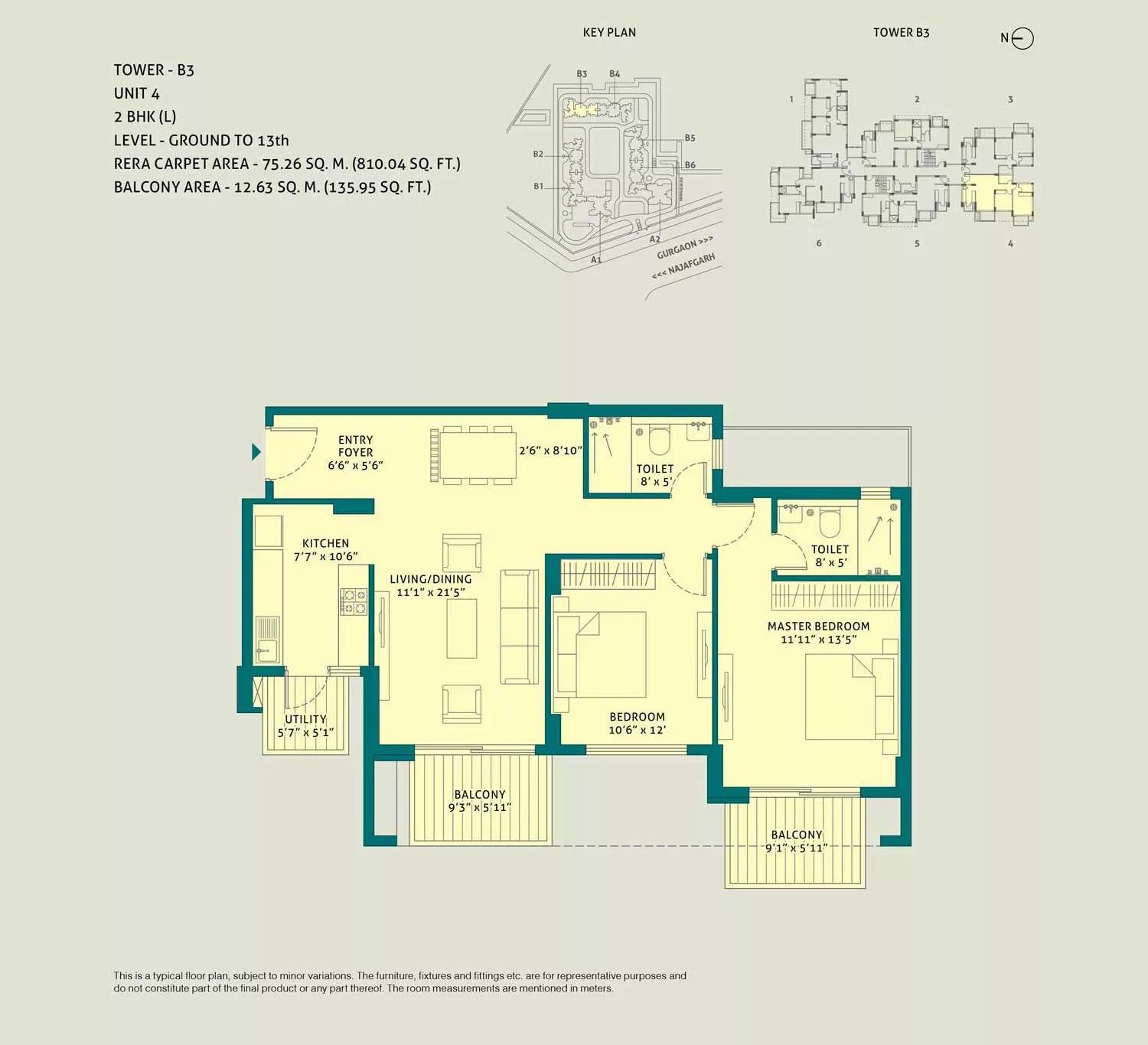 2 BHK L, Unit - 4, Tower - B3, Level Ground to 13th