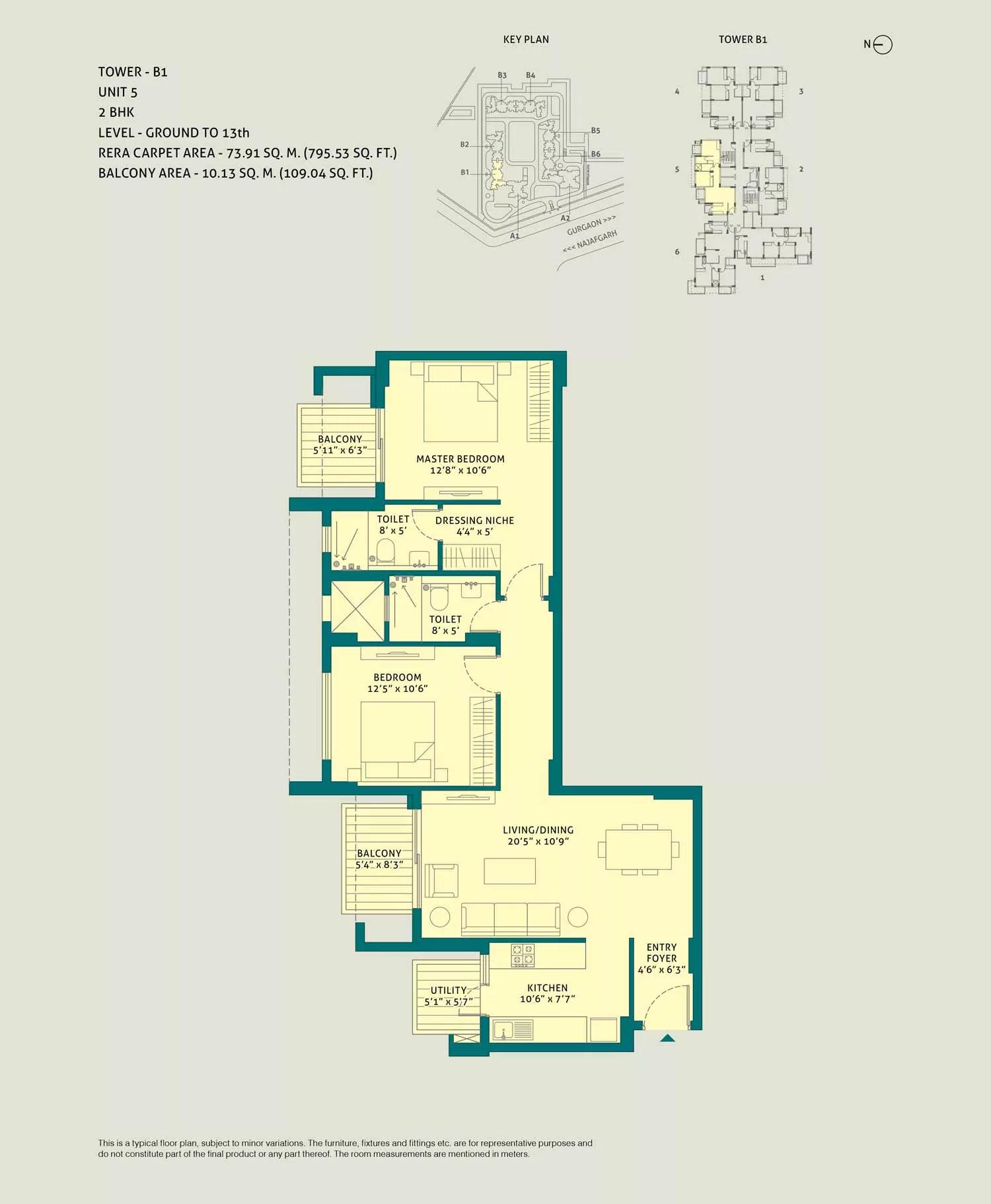 2 BHK, Unit - 5, Tower - B1, Level Ground to 13th