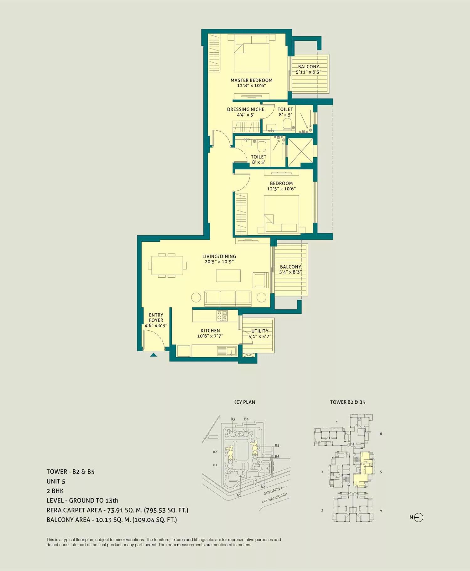 2 BHK, Unit - 5, Tower - B2 & B5, Level Ground to 13th