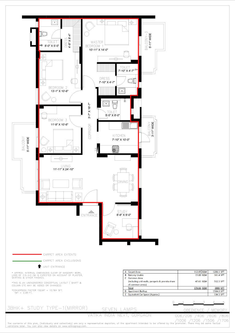 3 BHK + Study (Mirror)